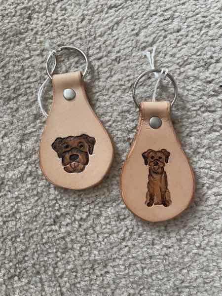 2 leather key fobs / key rings with border terrier motifs