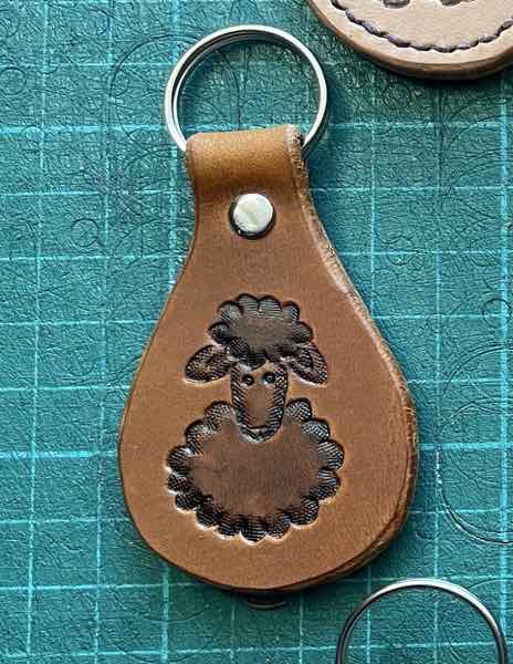 leather key fob / key ring with sheep motifs