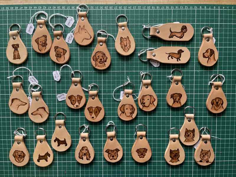leather key fobs / key rings with various dog breed motifs