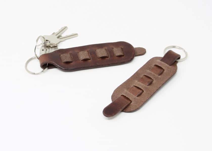 Woven leather key fob / key ring showing front and back
